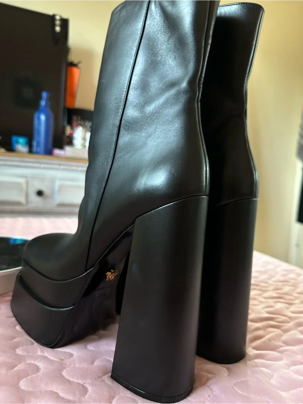 Versace Black Platform High Heel Mid-Calf Boots